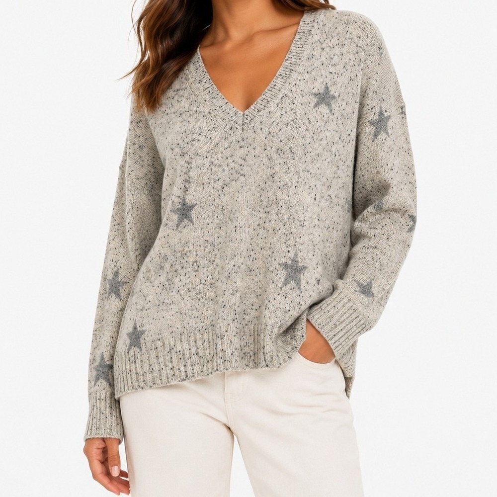 360 Cashmere Leilani Star Sweater Gray V Neck 100% Cashmere Size S
